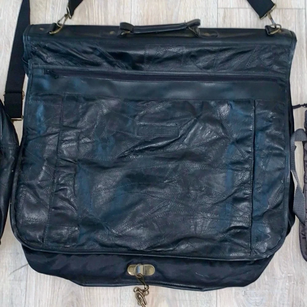 Cellini vintage black leather luggage bag & hanging garment bag bundle